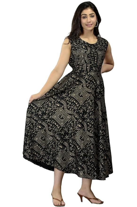JALMALA’s Free Size Calf-Length Dress: Tribal Print, Round Neck-line, Extra Sleeves Attached Inside, Waist Belt Adjustable Fit || Kurti, Kurta, Dress or Gown for Teenage Girls & Women