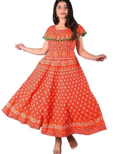 Dhruvi Casual Wear Orange Cotton Long Maxi Dress for Women (Free Size Up to XXL)