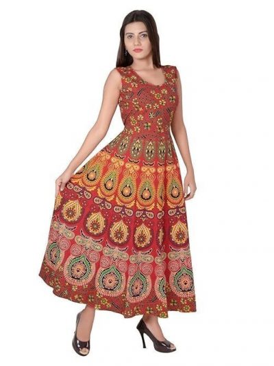 Monique Brand Present Rajasthani Traditional Cotton Designer Long Midi Maxi Dress in Jaipuri Printed (Free Size Upto 42XL) Red
