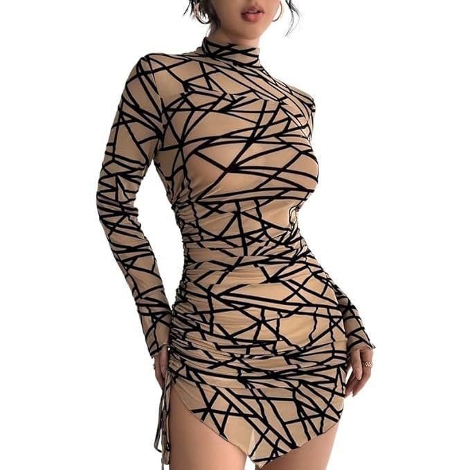 Mastyle® Women’s Side Drawstring Stand-Up Collar Mini Dress | Long Sleeve | Slim-Fit & A-Line Design | Soft & Breathable Fabric | Stylish & Comfortable